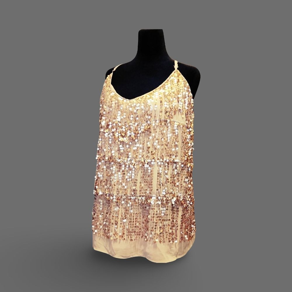 ❥City Chic Beige-Gold Sequin Top or Mocromini Dress Glam Cabaret XL/24 ❥ V Neck❥ - Picture 4 of 9